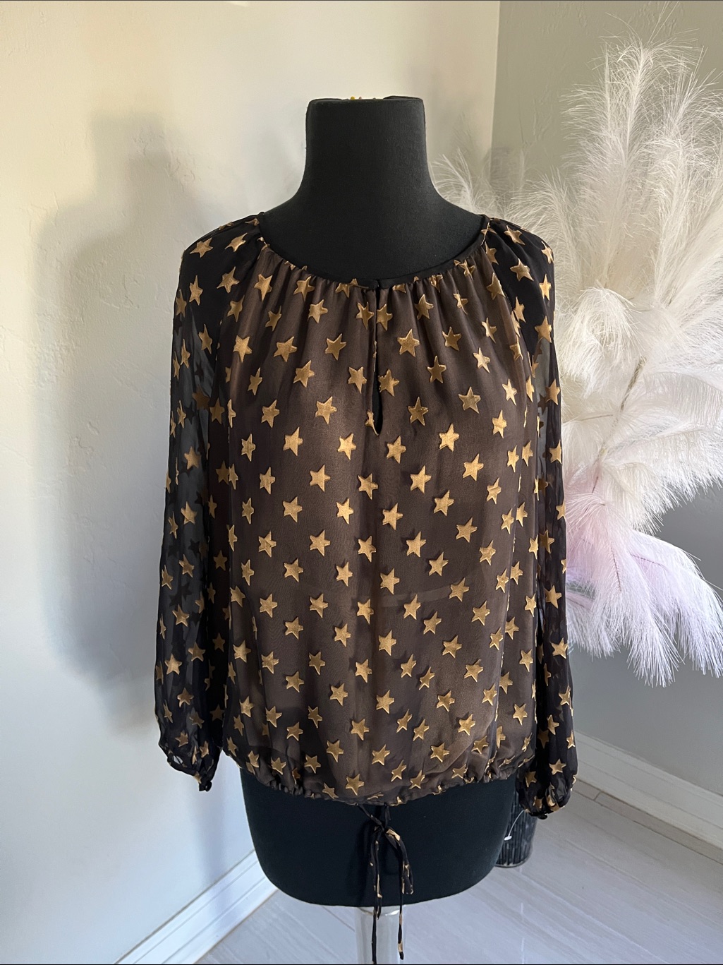 Diane Von Furstenberg Black Sheer Blouse With Gold Star Print